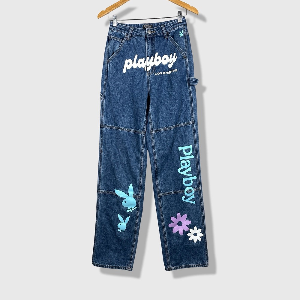 Playboy PacSun Carpenter Jeans Womens 26 Blue Y2K Streetwear Skater Graphic - Picture 1 of 8